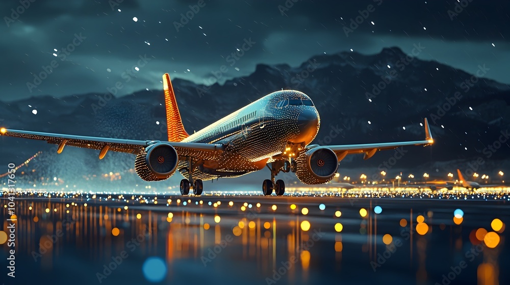Aufkleber Glowing mesh lines forming an airport runway with illuminated airplanes taking off in a futuristic digital and technologically advanced setting