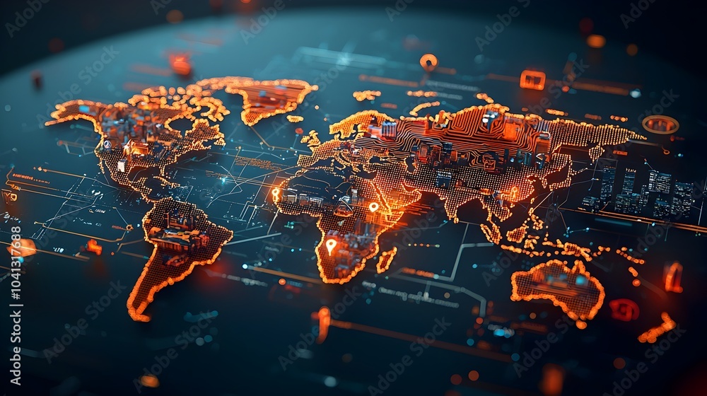 Aufkleber Glowing mesh lines illustrating a digital world map with highlighted travel routes landmarks and geographical features  This futuristic abstract visualization represents global connectivity