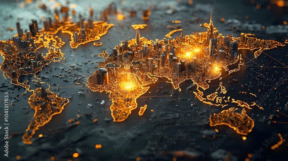 Leinwandbilder glowing mesh lines illustrating a world map with highlighted travel routes and notable landmarks rep