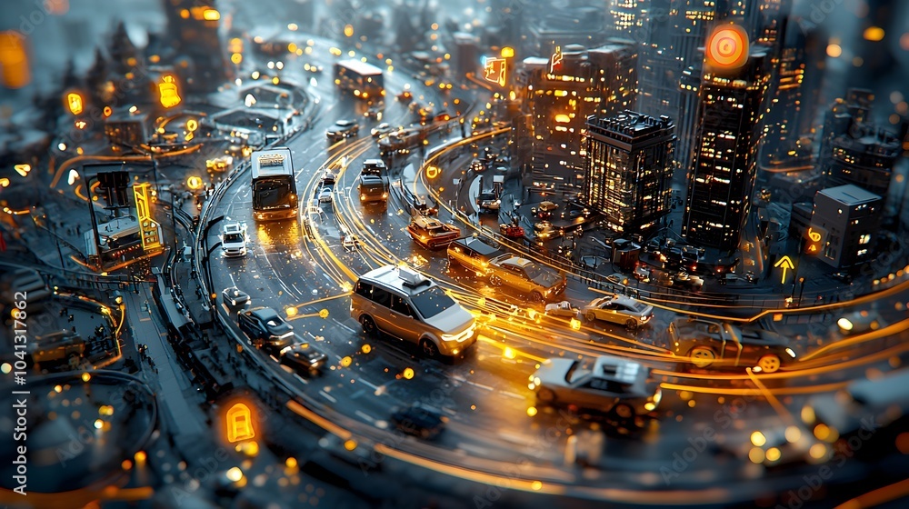 Poster glowing mesh lines illustrating a network of connected vehicles in a futuristic smart city concept t