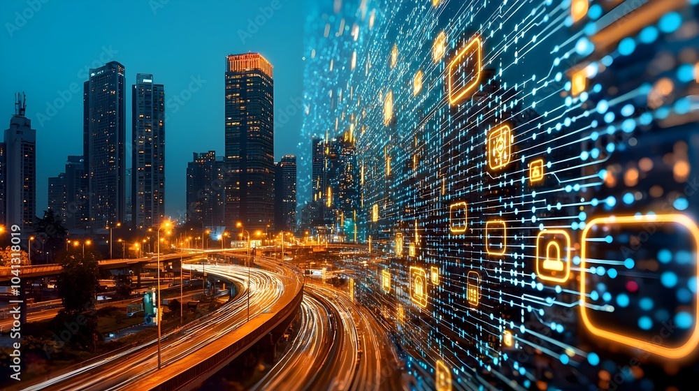 Poster glowing mesh lines outlining an interconnected network of iot sensors across a futuristic smart city
