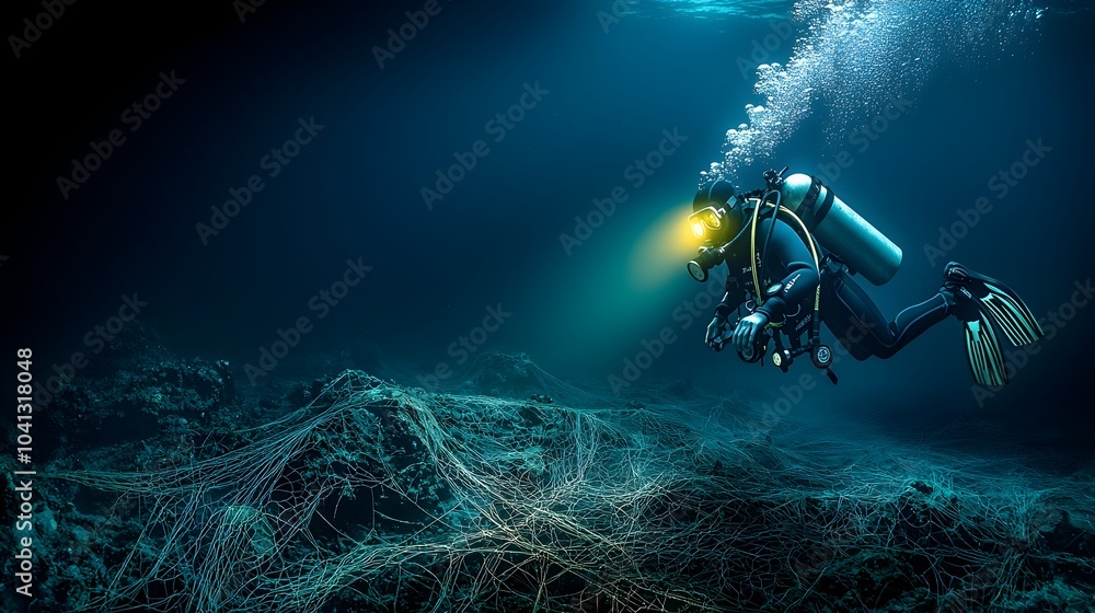 Poster Glowing mesh lines tracing a scuba diver s path through the deep serene waters of the ocean creating a captivating and futuristic visual experience