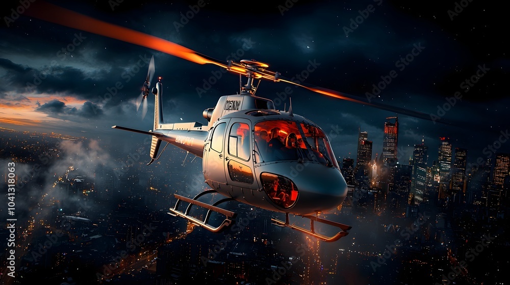 Aufkleber glowing mesh lines tracing the path of a helicopter soaring over a captivating cityscape at night sh