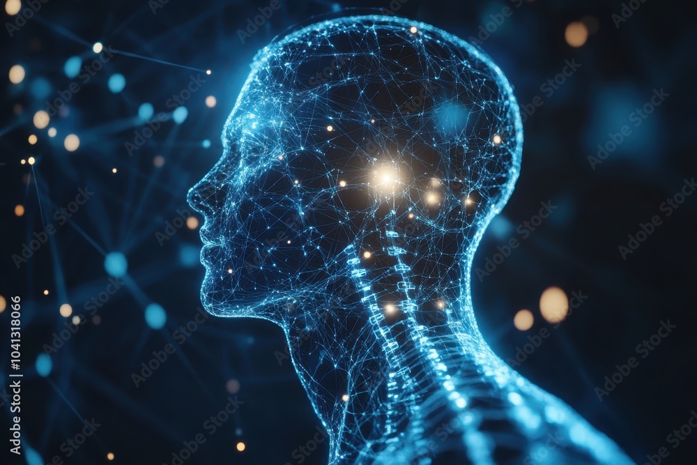 Poster exploring the connection between artificial intelligence and human cognition in a digital landscape