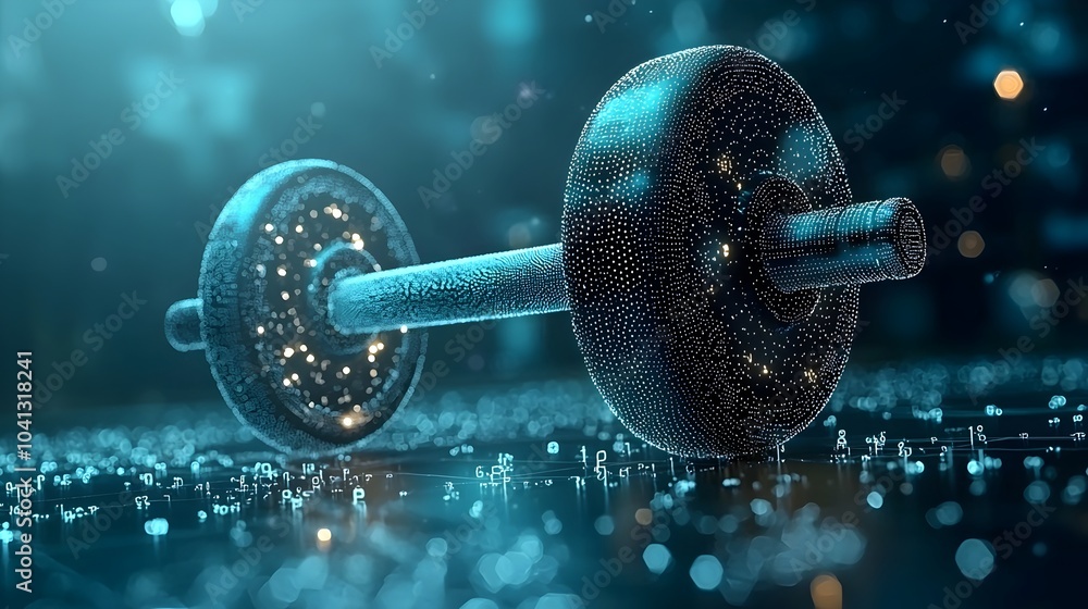 Fototapete glowing mesh of a gym weightlifting bar mid lift with light trails forming dynamic arcs creating a f