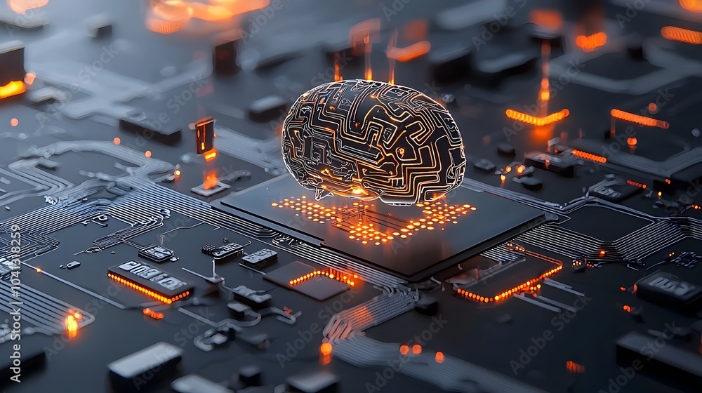 Aufkleber Glowing Mesh of an Brain with Pulsing Data Pathways and Light Signals   Abstract Digital Technology and Intelligence Concept