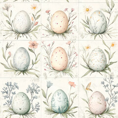 Watercolor illustration of pastel Easter eggs surrounded by flowers and greenery in a soft, repeating pattern.