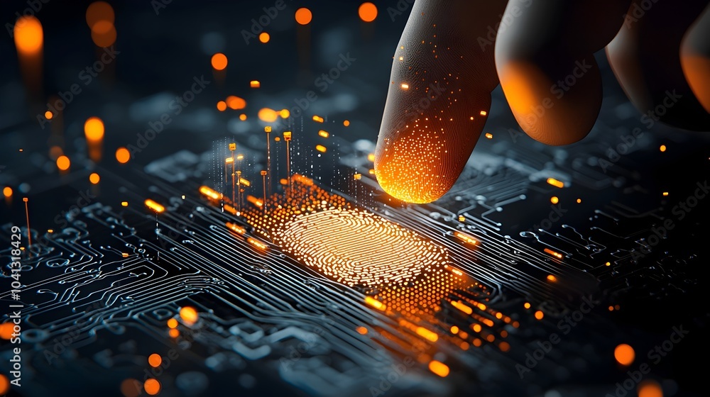 Leinwandbilder Glowing mesh outline of a digital fingerprint scanner pulsing with dynamic and energetic lines representing the technology of biometric identification and cybersecurity