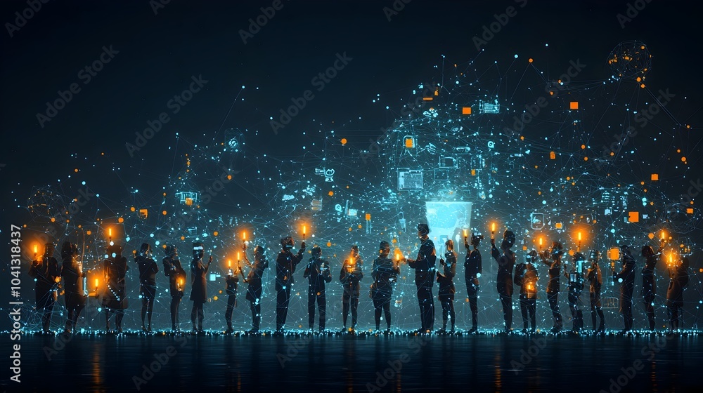 Aufkleber Glowing mesh outline of a crowd holding candles symbolizing the unity resilience and hope of a community during a time of crisis or adversity  The ethereal