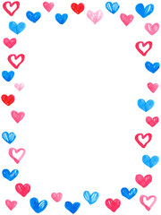 かわいい青と赤の水彩ハートのフレーム