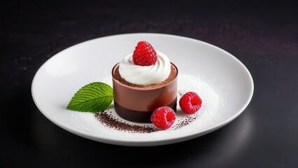 Raspberry mousse dessert with chocolate layers, fresh raspberries, and mint garnish