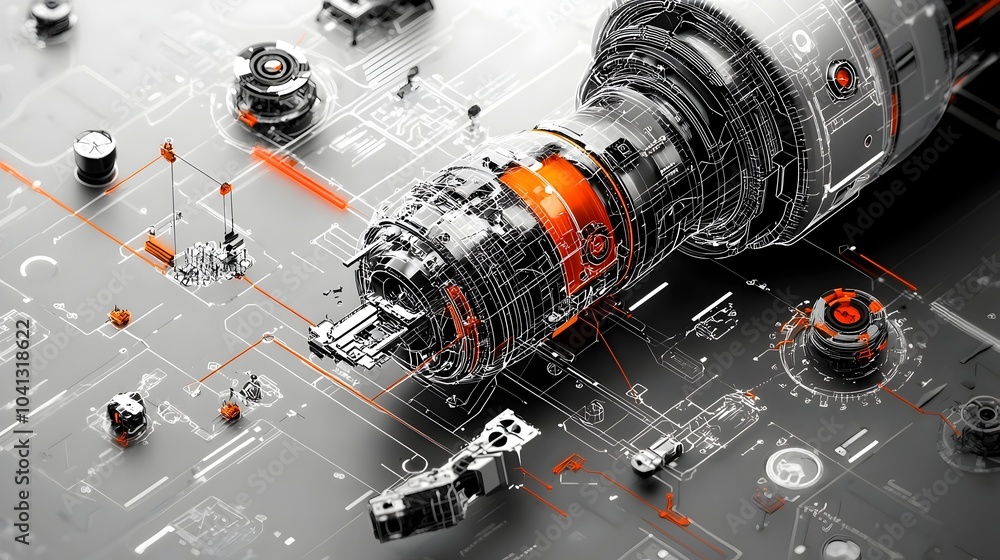 Poster glowing mesh outline of a robotic arm meticulously assembling complex technological devices in a fut