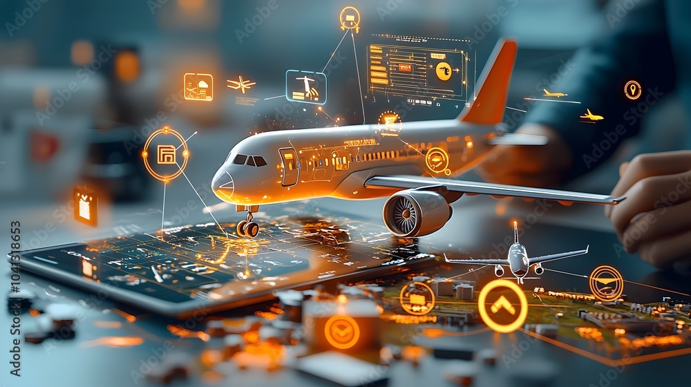 Poster Glowing Mesh Outline of a Travel App Interface with Intuitive Icons for Flights and Accommodations Bookings  Sleek Digital Concept for Mobile Application or Website