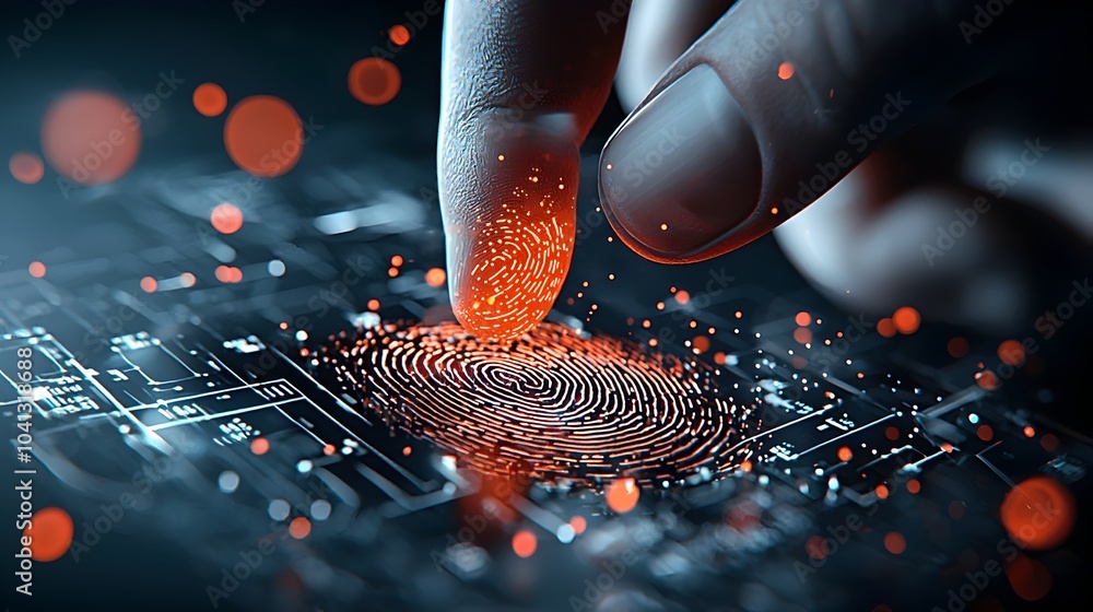 Fototapete Glowing Mesh Outline of a Digital Fingerprint Scanner for Secure Authentication and Access Control  High tech biometric identification system with dynamic pulsing patterns