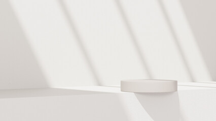Minimalistic, simple, and light background for product presentation. Streaming sunlight casts soft shadows from a window onto a white-gray wall and floor, creating a clean and elegant atmosphere.
