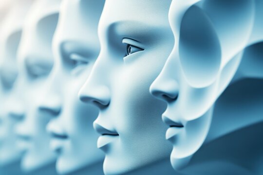 A collection of abstract human-like sculptures lined up in a serene, minimalist environment