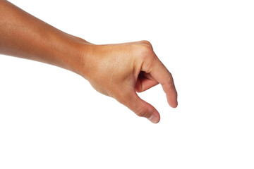 Asian man's hand reaching down to grab something using index finger and thumb on white background