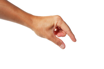 Asian man's hand reaching down to grab something using index finger and thumb on white background