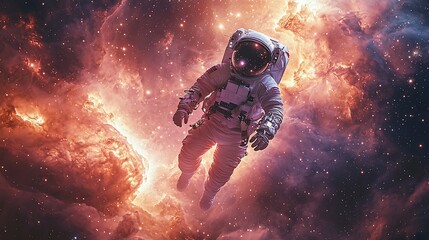 Astronaut floats in space amidst vibrant nebulae.