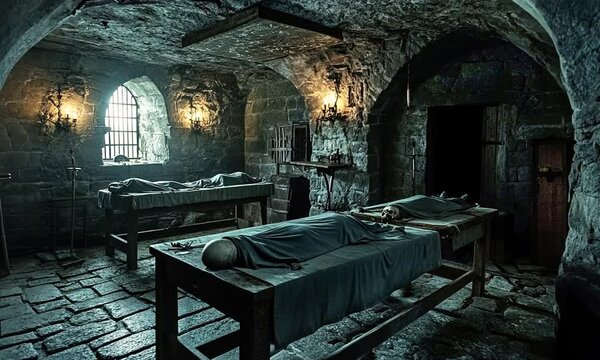 Medieval Stone Dungeon with Two Bodies on Tables