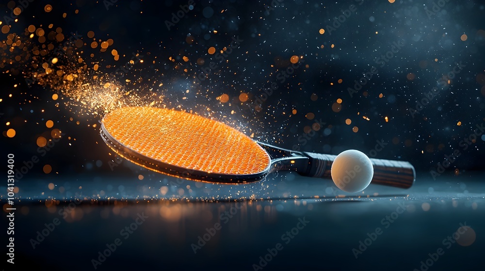 Fototapete Glowing mesh ping pong paddle dynamically hitting an illuminated ball creating a digital futuristic effect with sparks flying in the air  Representing the sport game