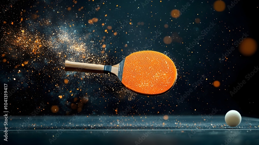 Fototapete Glowing mesh ping pong paddle hitting a ball with colorful sparks and energy radiating from the impact  Dynamic and vibrant motion during a game or competition
