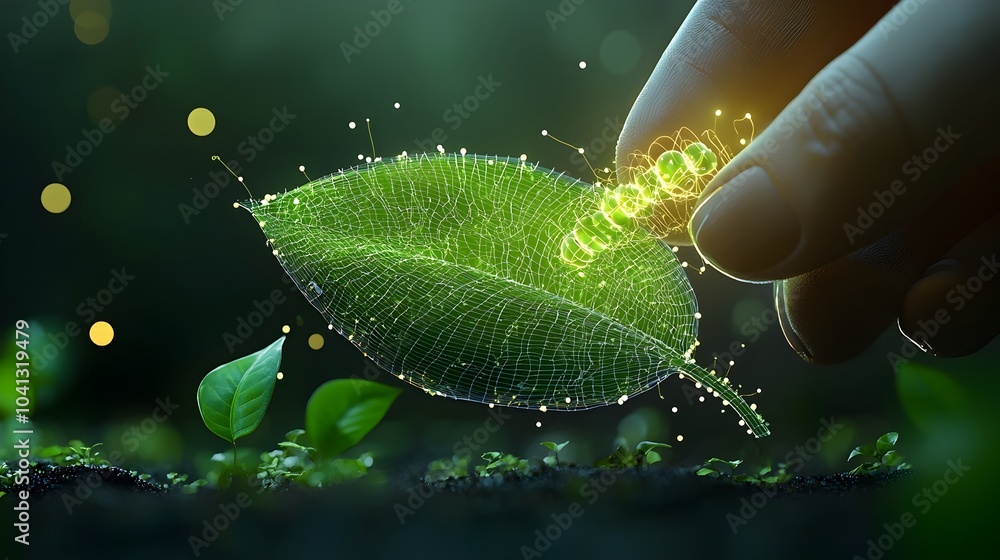 Aufkleber Glowing mesh representation showcasing the intricate process of photosynthesis occurring within the cellular structure of a leaf