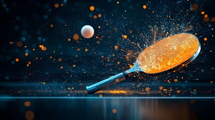 Glowing mesh ping pong paddle striking a ball with sparks and dynamic energy showcasing the fast paced action and skill of the sport