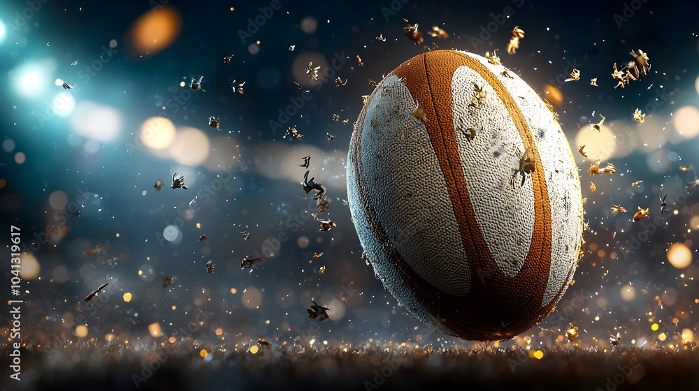 Fototapete glowing mesh rugby ball suspended in mid air against a backdrop of stadium lights and architectural 