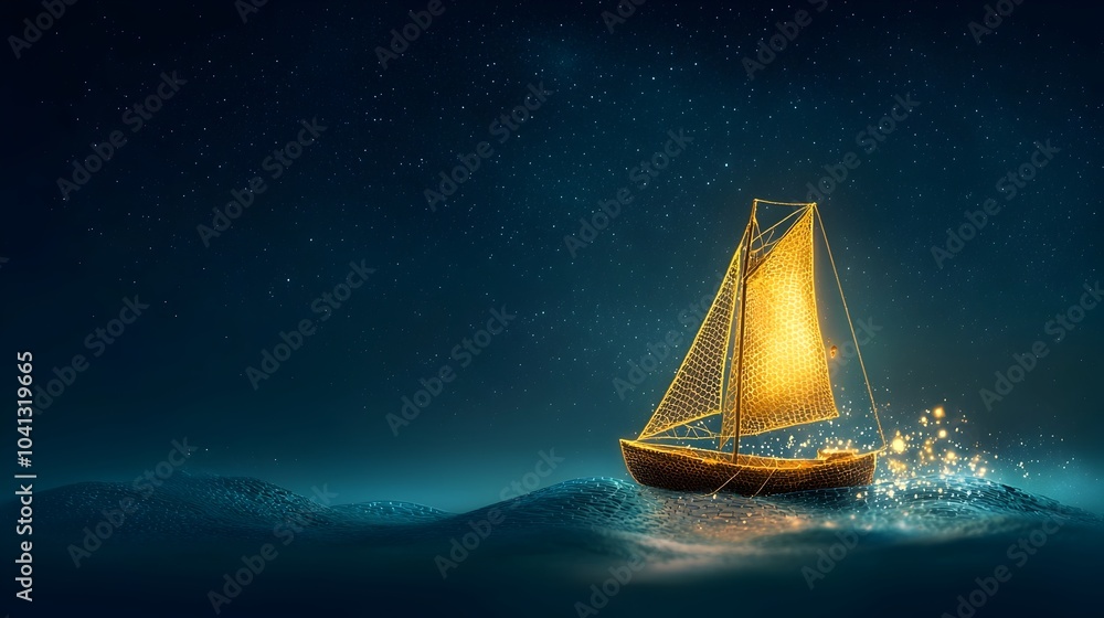 Poster Glowing mesh sailboat gracefully navigating through dynamic ocean waves under a breathtaking starry night sky creating a captivating and futuristic seascape
