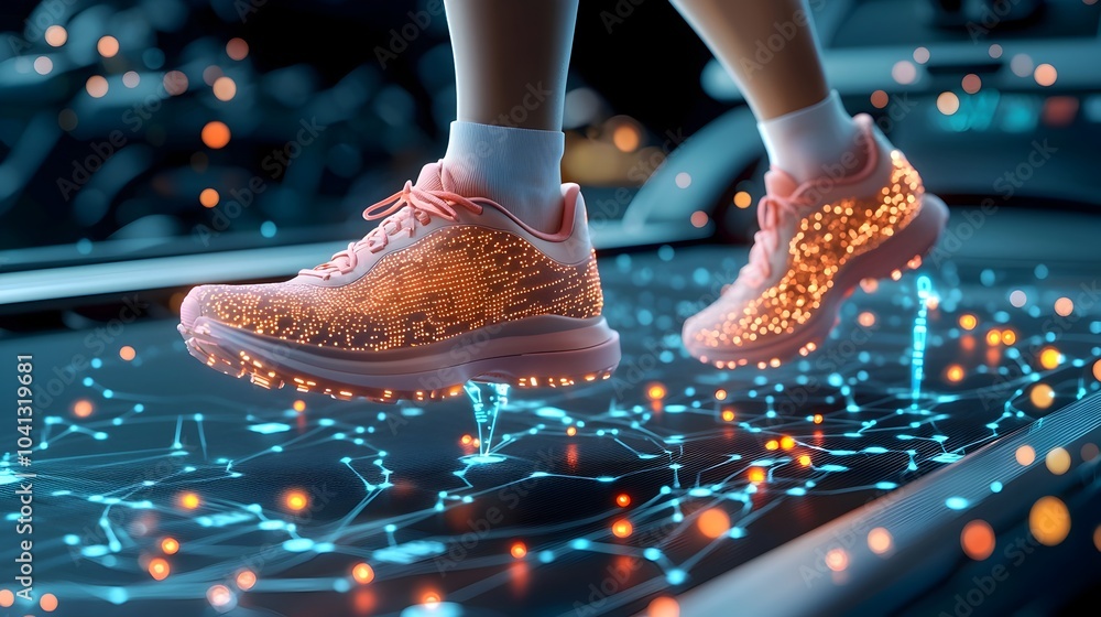 Leinwandbilder Glowing mesh runner pulsing on treadmill with rhythm beats creating a futuristic and dynamic fitness scene with digital technology and energy