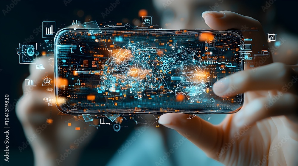 Leinwandbilder Glowing mesh smartphone scanning and identifying real world objects with cutting edge digital technology and augmented reality features