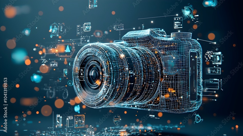 Fototapete Glowing mesh smartphone scanning and identifying various real world objects with advanced digital recognition technology
