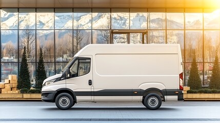 Modern delivery van in urban setting with mountains in background a perfect blend of style and functionality for logistics operations