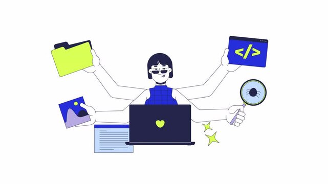 Full stack developer job 2D animation. Coder programmer 4K video motion graphic. Frontend and backend engineer woman with multi hands animated character cartoon flat concept, white background