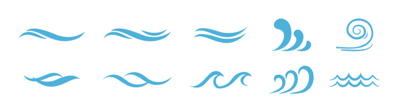 Blue waves icon vector set. Vector cartoon illustration, ocean water logotype.