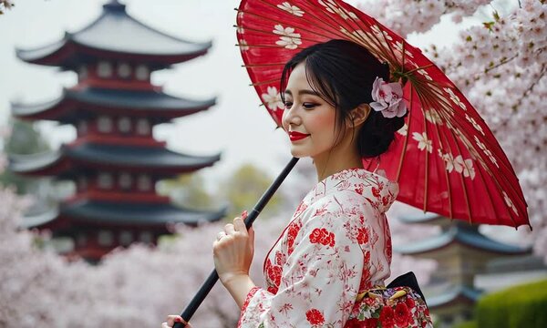 A woman in a traditional Japanese kimono with a red umbrella and a flower in her hair, standing before a pagoda