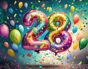 Birthday / anniversary balloon, number 28, colorful illustration with confetti and festive decoration