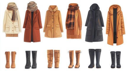A collection of winter clothing, including coats, scarves, and boots