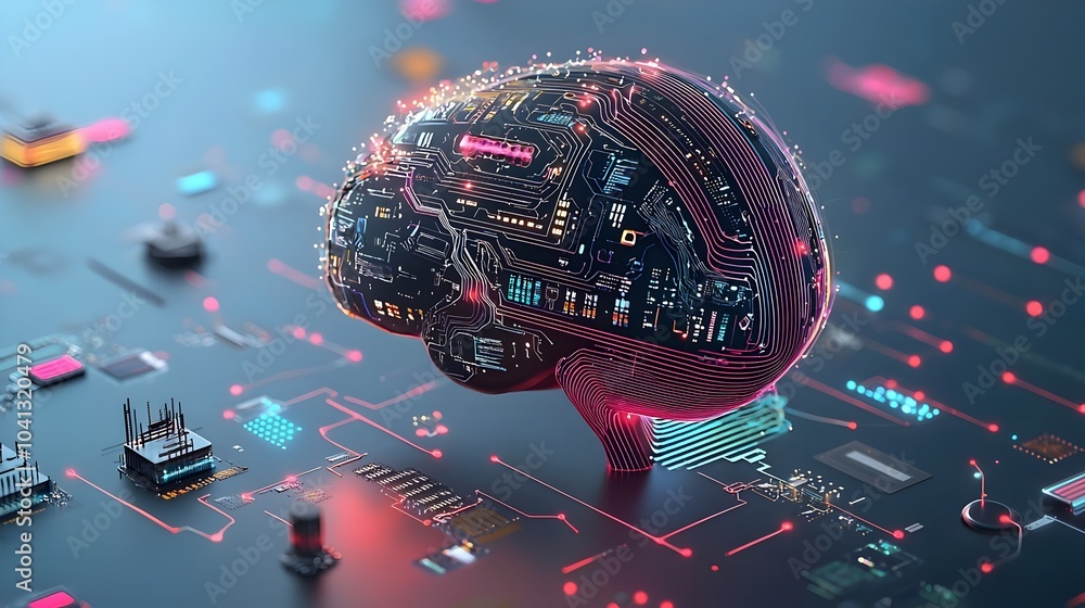 Poster Glowing mesh structure representing an neural network or digital brain with pulsating data pathways and light illumination showcasing the complex inner workings and information flow of intelligence