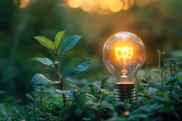A glowing light bulb resting on green foliage in a serene forest at sunset