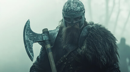 Scandinavian viking warrior with axe in armor battle fight soldier at war