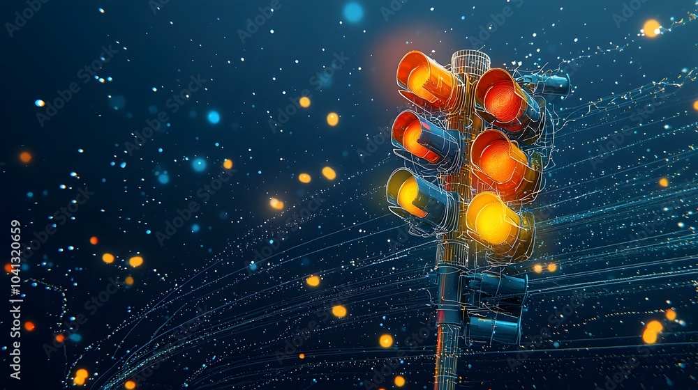 Poster glowing mesh traffic lights in an urban setting changing colors dynamically as vehicles move past cr