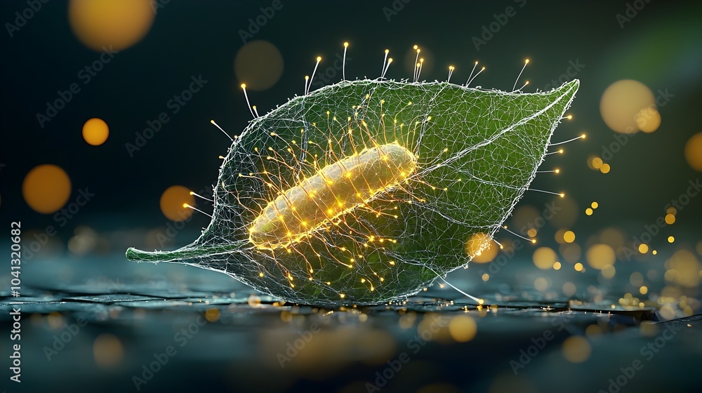 Poster Glowing mesh visualization depicting the dynamic and complex process of photosynthesis occurring within the structure of a leaf  This abstract