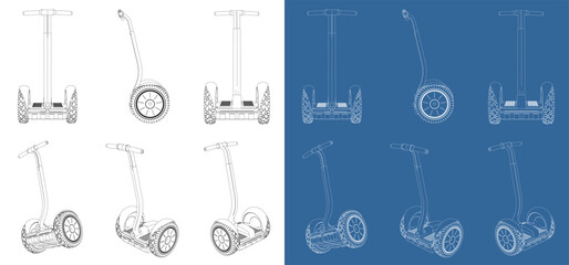vector segway electric transport line art draw blueprint  from all view top corner side back isolated in transparent background
