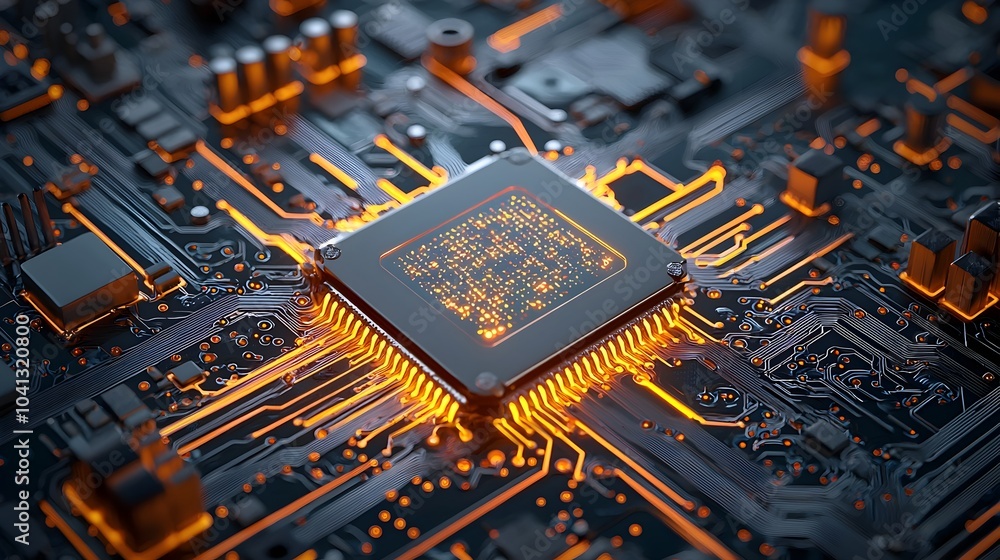 Aufkleber Glowing quantum computer chip with intricate data patterns and complex digital architecture