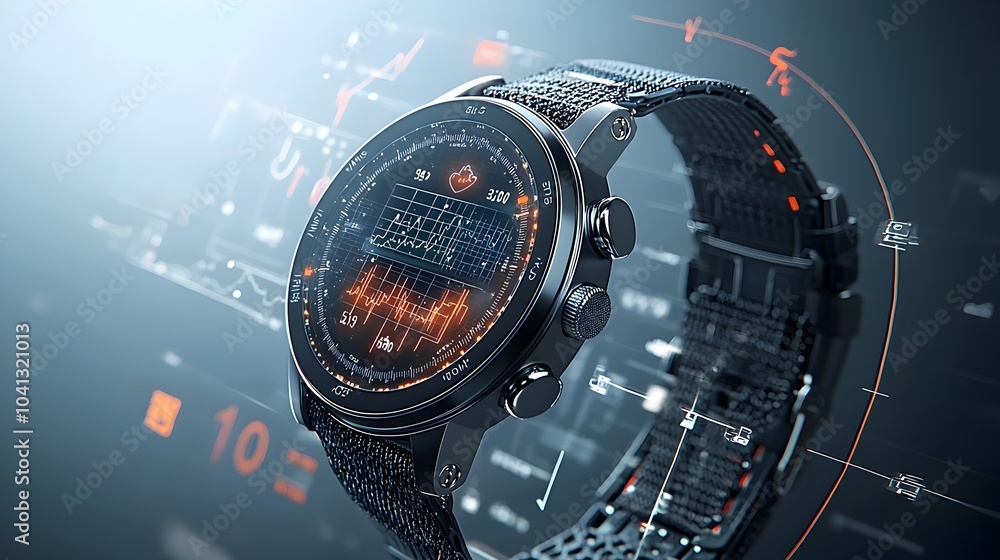 Fototapete Glowing smartwatch showing real time health and notification data on a responsive dynamic interface in motion  The device is connected wireless and designed for modern fitness and wellness tracking