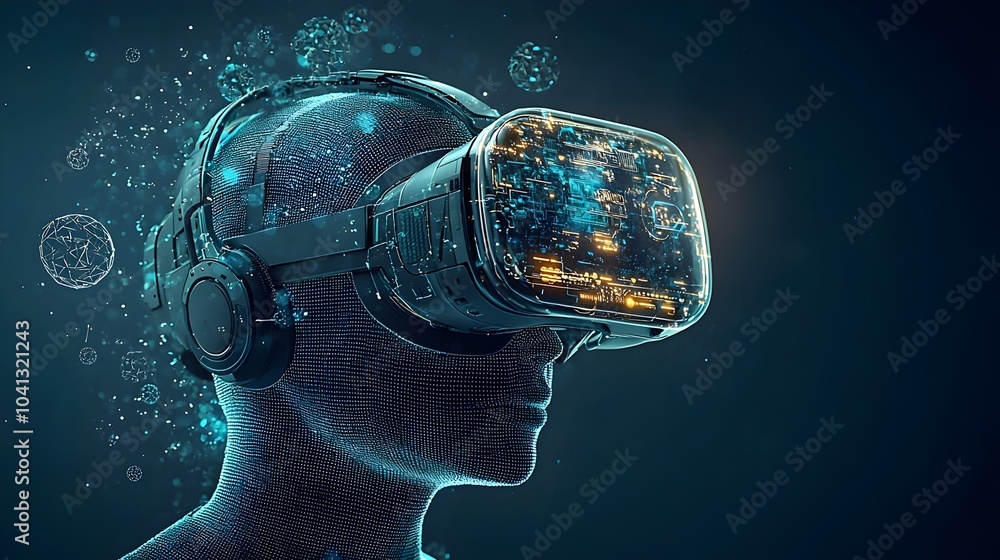 Poster Glowing VR headset in a mesh wireframe design surrounded by dynamic swirling virtual elements and ethereal lighting effects creating a futuristic immersive