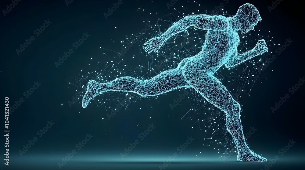 Leinwandbilder glowing wireframe outline of a martial performing a powerful mid air kick surrounded by dynamic ener