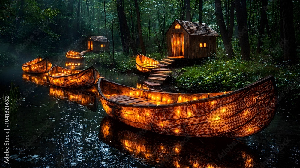 Poster illuminated mesh lines depicting a serene tranquil lake at night with glowing canoes reflecting on t